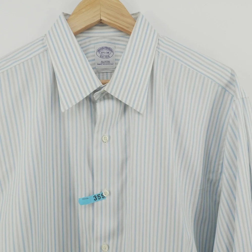 Brooks Brothers Dress Shirt Mens 17.5-34 Blue Gray Stripe Italian Fabric USA